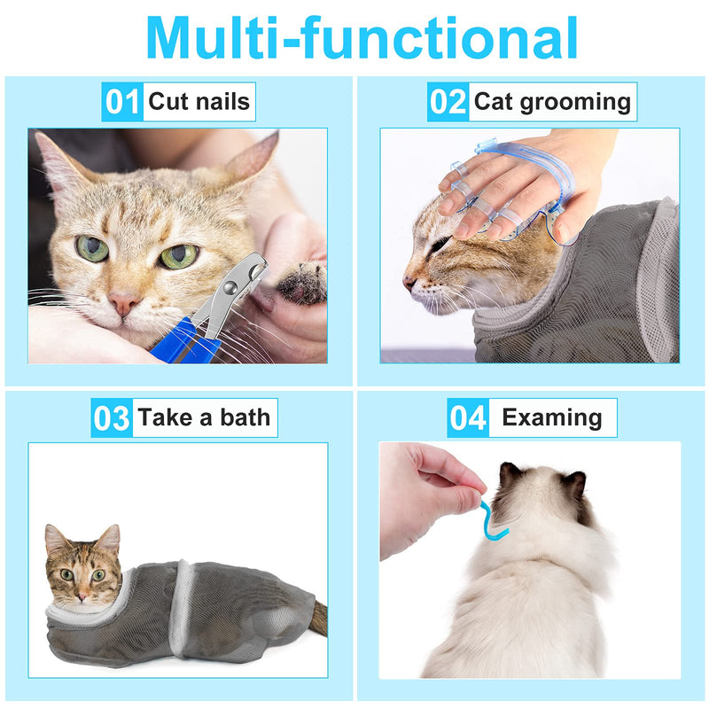 5 Pieces Cat Bathing Bag Set Cat Grooming Bag Adjustable Pet Shower Net Bag Cat Muzzles Anti-Bite Anti-Scratch Nail Clipper Tick Remover Tool Massage Brush for Bathing Cleaning Trimming Grey-White - PawsPlanet Australia