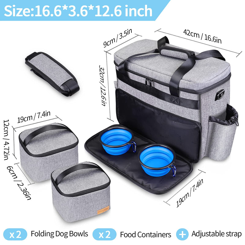 PUEIKAI Dog Travel Bag, Airline Approved Pet Tote Organizer with Multi-Function Pockets, Accessories Set Includes Shoulder Strap, 2 Food Storage Containers, 2 Foldable Bowls Grey - PawsPlanet Australia