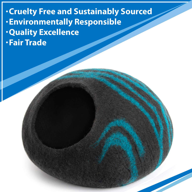 MEOWFIA Premium Cat Bed Cave (Large) - Eco Friendly 100% Merino Wool Beds for Cats and Kittens Asphalt/Aquamarine - PawsPlanet Australia