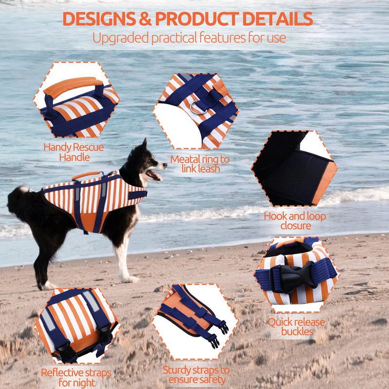 Phyxin Dog Life Jacket, Striped Pet Life Vest for Swimming, Adjustable Reflective Life Jacket for Dogs, Puppy Safety Vest for Kayaking, Surfing, Boating X-Small Orange - PawsPlanet Australia