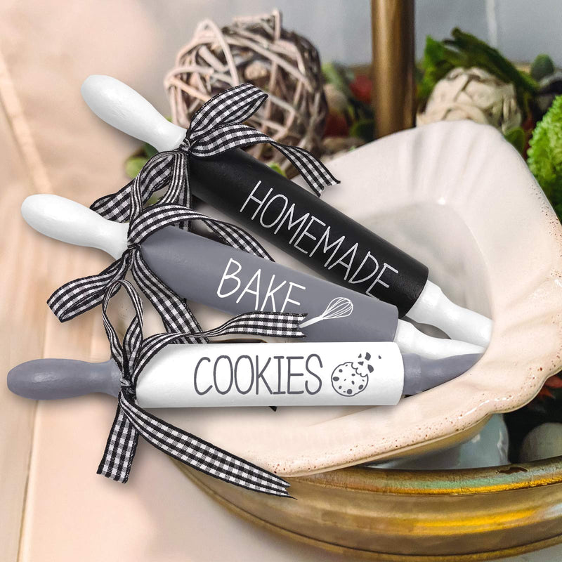Bake Mini Rolling Pins - Wooden Decorative Favors Kitchen Farmhouse Tiered Tray Decor Set of 3 Rae Dunn Inspired Decoration Homemade Bake Cookies - PawsPlanet Australia