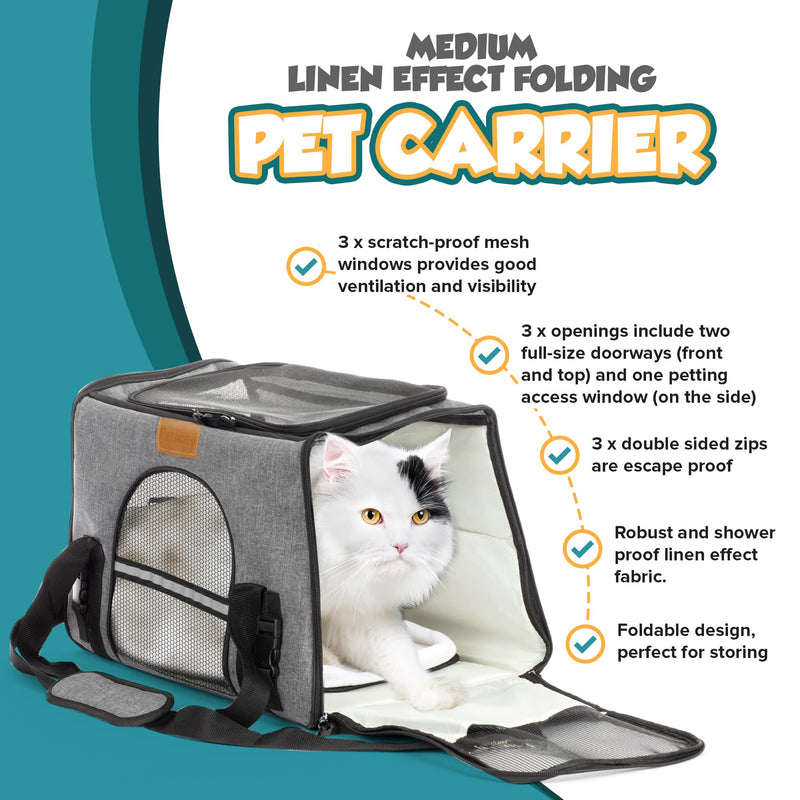 Petlicity Pet Carrier Linen Effect Folding Bag With Top And Side Opening, Removable Mat, Pet Dog Cat Puppy Transport, Breathable Mesh, Polar Fleece, Faux Leather with shoulder Strap (M (up to 17lb)) M (up to 17lb) - PawsPlanet Australia