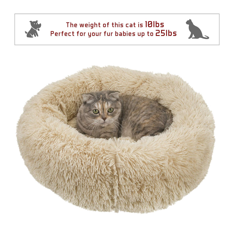 Qucey Dog Cat Bed Soft Comfortable Faux Fur Donut Cuddler, Self-Warming Fluffy Dog and Cat Calming Cushion Bed with Non-Slip Bottom for Joint-Relief and Improved Sleep 23" Beige - PawsPlanet Australia