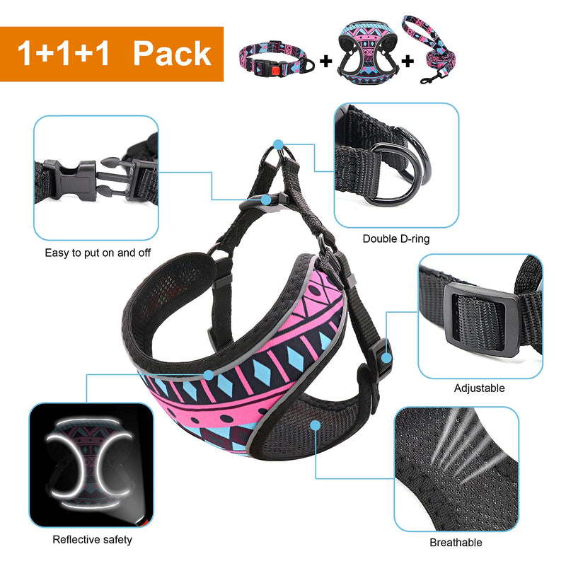 Forestpaw Multi-Colored Reflective Puppy Vest Harness and Leah Set,Soft and Cute Dog Harness and Collar Set,Cat Harness and Leash for Walking Escape Proof,XS,GeometricPink Rose XS-Chest:12-14",Neck: 12.5" - PawsPlanet Australia