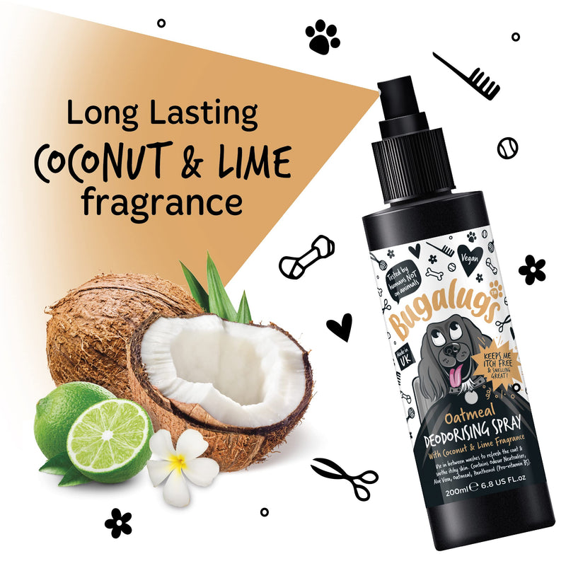 BUGALUGS Oatmeal Dog deodorant deodorising spray with Coconut & Lime scent, dog perfume spray with odour neutraliser - vegan dog cologne dog grooming odour eliminator use with oatmeal shampoo (200ml) 200 ml (Pack of 1) - PawsPlanet Australia