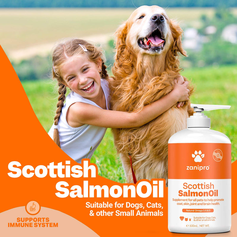 Zanipro Pure Scottish Salmon Oil for Dogs & Cats - UK Made - 100% Natural Omega 3, 6 and 9 Fish Oil Food Supplement - For Healthy Coat, Itchy Skin, Brain, Joint and Immunity (500 ml) - PawsPlanet Australia