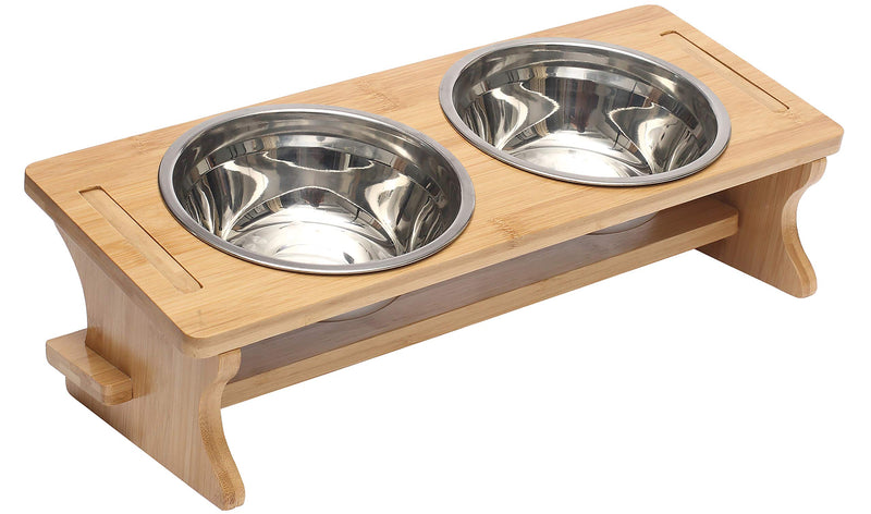 Geyecete pet bowl Raised Dog Bowls for Cats and Dogs - Bamboo Elevated Dog Cat Food and Water Bowls Stands Feeder Dishes with 2 Stainless Steel Bowls-Double Bowls Double Bowls - PawsPlanet Australia