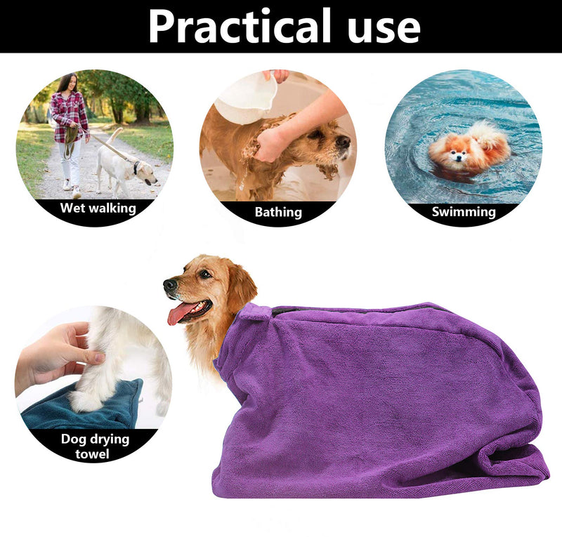 Premium Microfiber Dog Drying Bag - Quickly Removes Water Mud and Dirt - Extra Absorbent Towel Solution with Durable Hook and Loop Neck Strap-Purple-M Plus Medium Plus Purple - PawsPlanet Australia