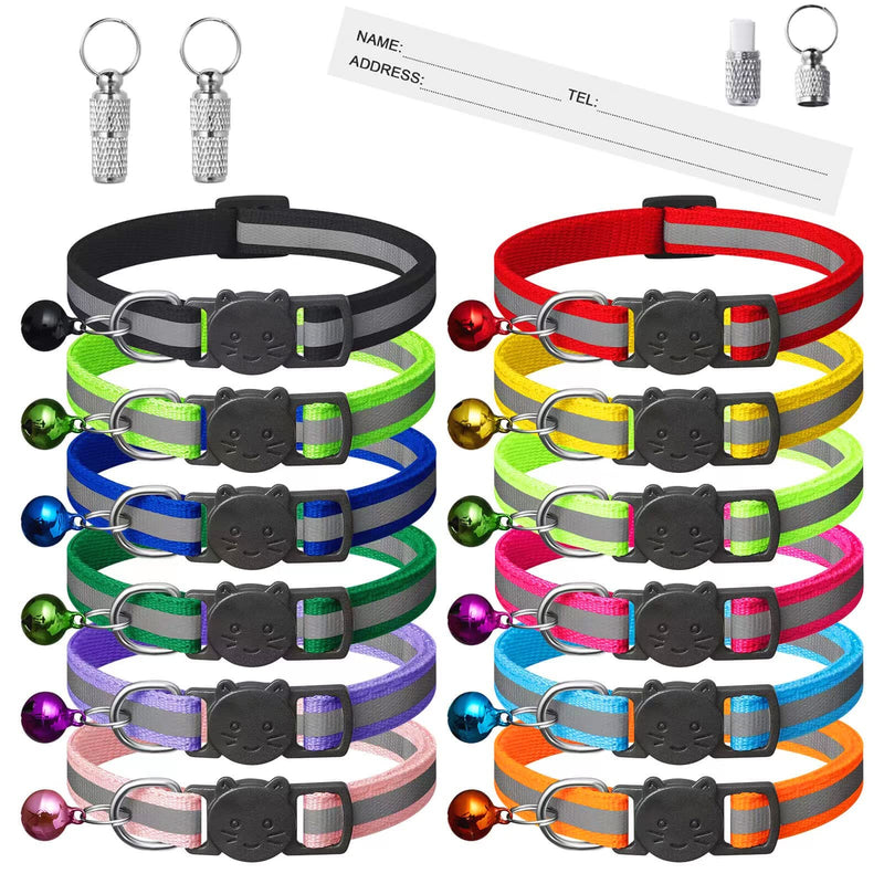 Extodry Pack of 12 reflective cat collars with name, address and cat collar with safety clasp, adjustable kitten collar, personalized pet accessories (12 colors and 2 ID tags) 12 colors and 2 tags - PawsPlanet Australia