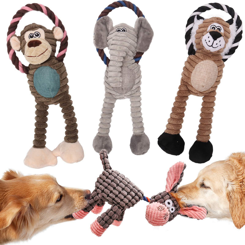 Squeaky Dog Rope Toys Set,4 Packs Durable Dog Plush Toy Chew Toys for Boredom Small Medium Large Dogs, Interactive Training Puppy Toy for Teething and Reducing Boredom(Donkeys Elephants Lions Monkeys) - PawsPlanet Australia