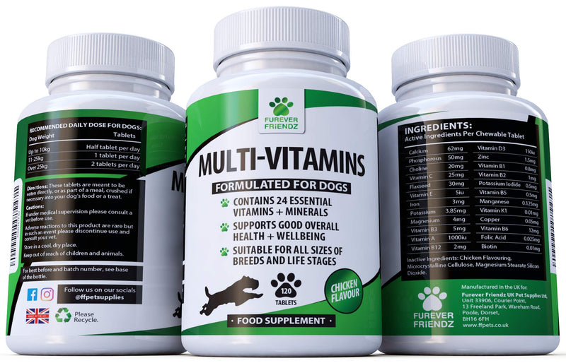 Daily Multivitamin Supplement for Dogs - 120 Chewable Chicken Flavour Tablets – 24 Nutrients, Vitamins & Minerals - Helps with Brain, Heart, Eyes, Kidneys, Liver, Joint Function • Furever Friendz - PawsPlanet Australia