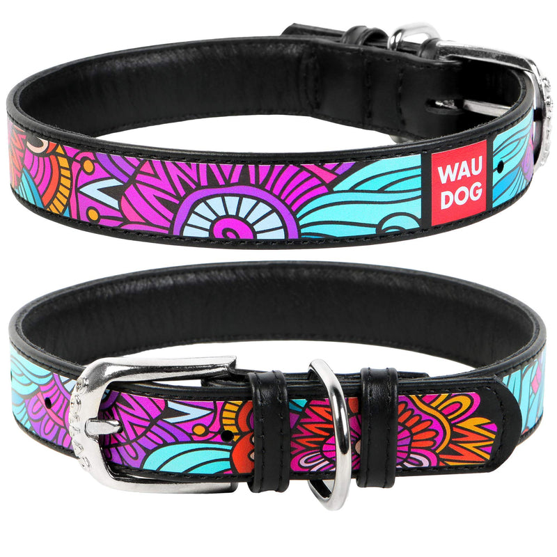 [Australia] - WAUDOG Leather Dog Collar - Collorful Printed Dog Collars for Small Medium Large Dogs - Handmade with Real Genuine Leather - Black Summer Pattern M 15-19" Neck 1" Wide 