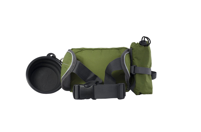 Dog Walk Waist Fanny Pack Treat Pouch with Collapsible Water Bowl and Water Bottle Holder - Small/Medium Dogs Medium Olive Green - PawsPlanet Australia