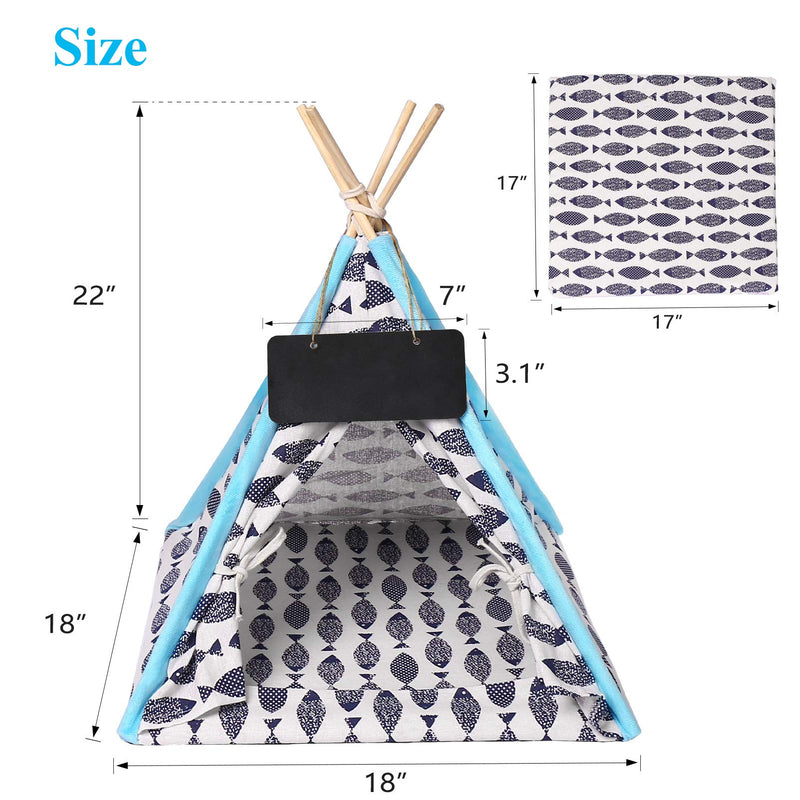 SIOMK Dog Cat Tent Teepee, Dog (Puppy) Cat Bed with Soft Cushion, 24 Inchs Cute Pet House Cave for Indoor, 100% Canvas (Washable) Easy Install Portable Tent for Cat Dog Up to 15lbs with Blackboard - PawsPlanet Australia