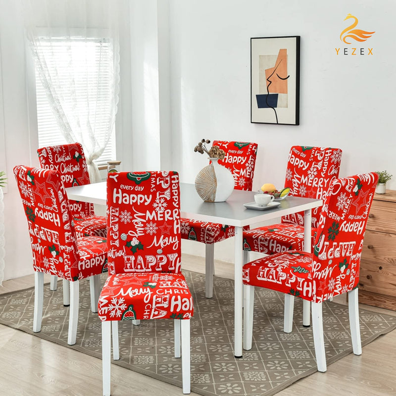 Christmas Dining Chair Covers Set of 4 - Yezex Stretchable Washable Removable Kitchen Chair Slipcovers Protector for Dining Room, Christmas Decoration, Holiday Party (Red Letter) Red Letter - PawsPlanet Australia