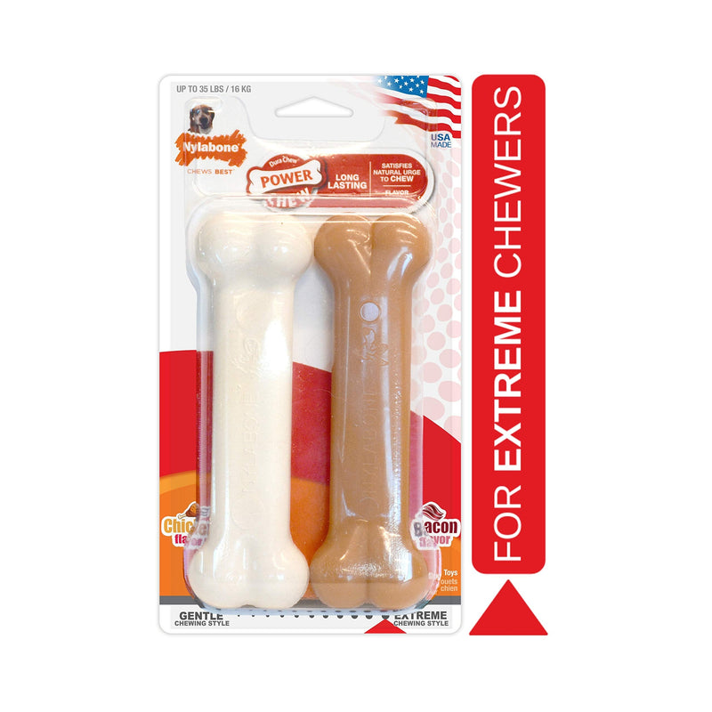 Nylabone 2 x Dura Chew Extreme Tough Dog Chew Toy Bones, 1 Bacon & 1 Chicken, Medium, For Dogs Up To 16 kg - PawsPlanet Australia