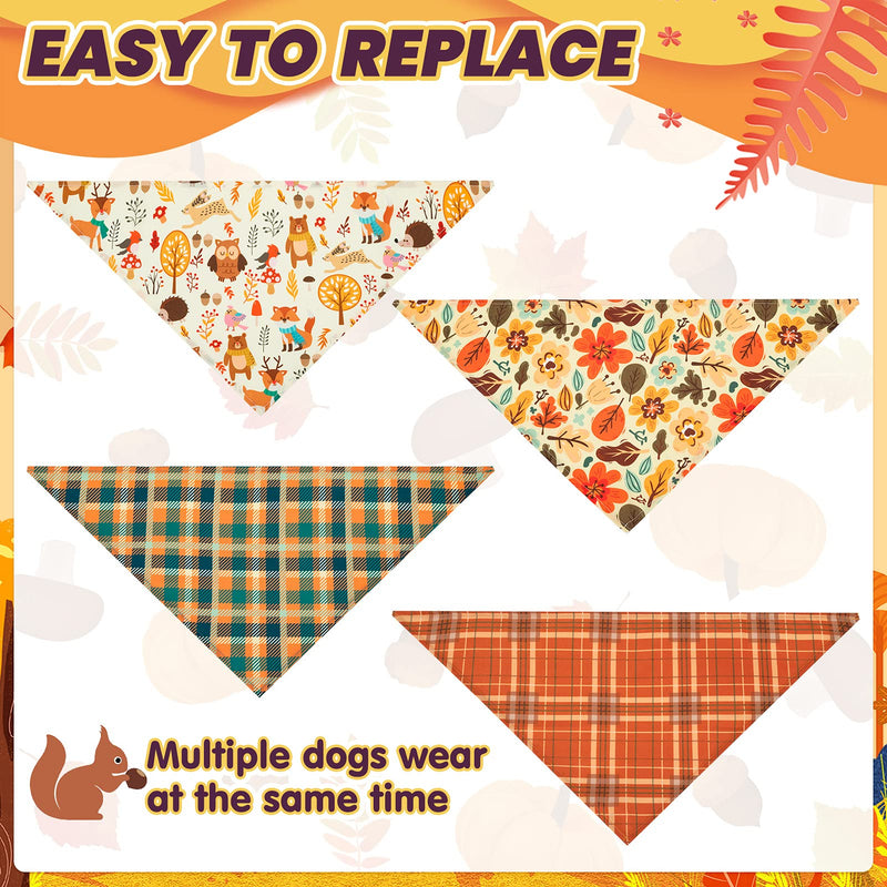 PUPTECK Autumn Day Dog Bandanas - 4PCS, Soft, Classic Plaid, Flower and Small Animal Pattern, Cute, Washbale, Adjustable - PawsPlanet Australia