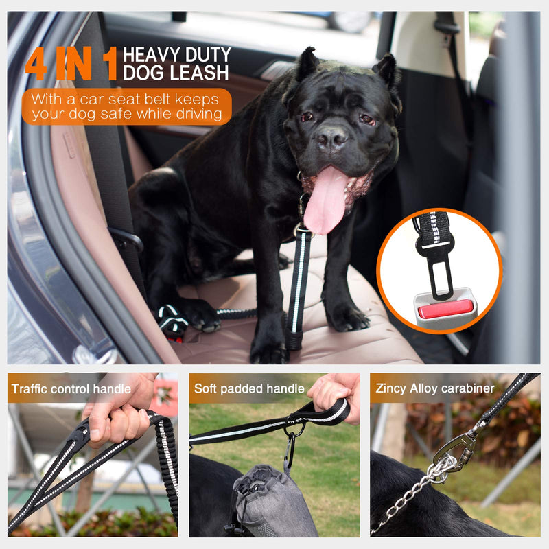 Heavy Duty Dog Leash, JUNBEI 6 Ft Double Padded Handles Reflective Dog Leash with Car Seat Belt Buckle, Adjustable Shock Absorbing Retractable Bungee Dog Leash for Medium Large Breed Dogs Up to 150lbs - PawsPlanet Australia