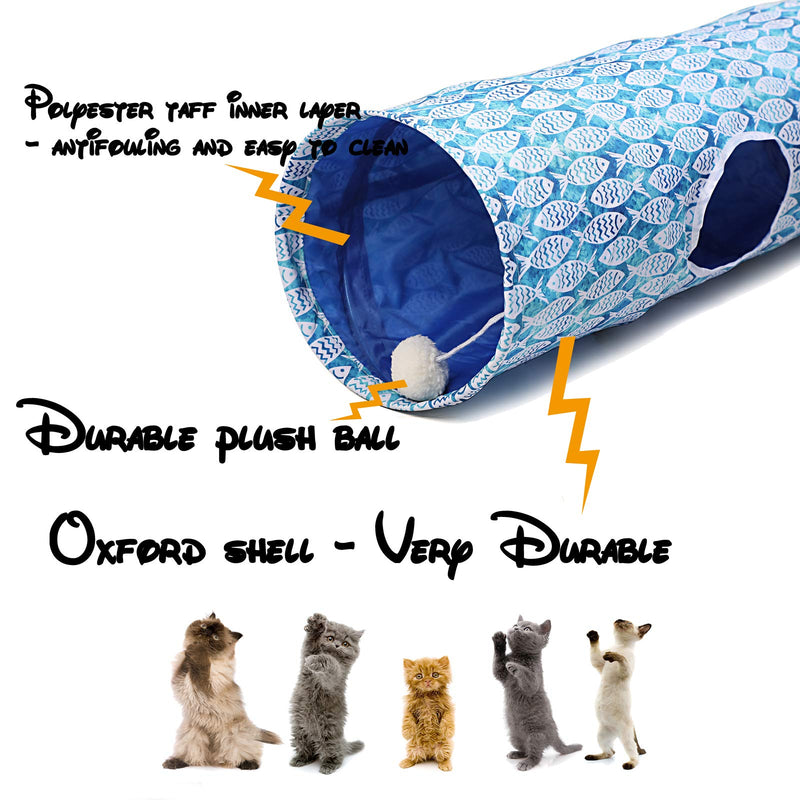 LUCKITTY Cat Kitten Tunnel Tube Toy with Plush Ball-Portable Oxford Plush Material Waterproof Durable Washable-Interesting Geometric Pattern Collapsible-47.2Inch/120CM Fish - PawsPlanet Australia