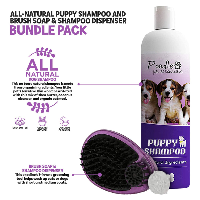 Poodle Pets Dog Bath Brush Shampoo Dispenser with All-Natural Tearless Puppy Shampoo - Rubber Dog Grooming Brush for Short Hair - 2-in1 Soap Brush for Sensitive Pets - PawsPlanet Australia