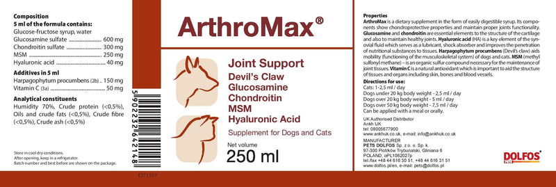 PETS Dolfos ArthroMax 250ml liquid Joint Supplement for Cats and Dogs Glucosamine Condroitin Devil's Claw MSM - PawsPlanet Australia