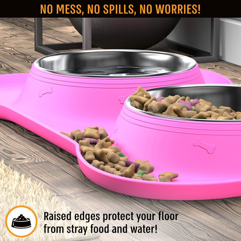 Active Pets Dog Bowl Set, Stainless Steel No Spill Mess-Proof Food & Water Dog Food Bowls with Skid Resistant Silicone Mat, Dog Bowls Small Size Dog, Medium, & Large, Pet Puppy Bowls & Dog Dishes 13½ oz each Happy Pink - PawsPlanet Australia
