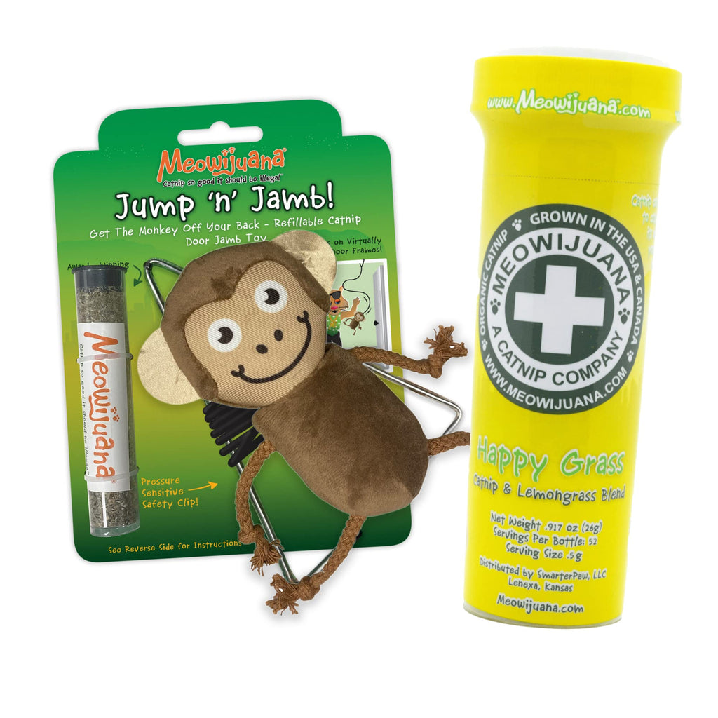 Meowijuana | Radi-Claw Bundle | Jump 'n' Jamb Monkey Door Hanger Toy and Happy Grass Catnip Blend | Promotes Play and Cat Health | Includes Organic Catnip - PawsPlanet Australia