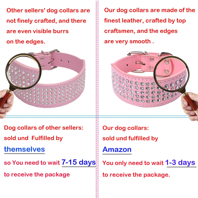 Glittel Dog Collar Large Small Medium Dogs Leather with 5-row Rhinestone and Anti-lost Number Pendant red gold black silver pink purple XXS XS S M L - PawsPlanet Australia