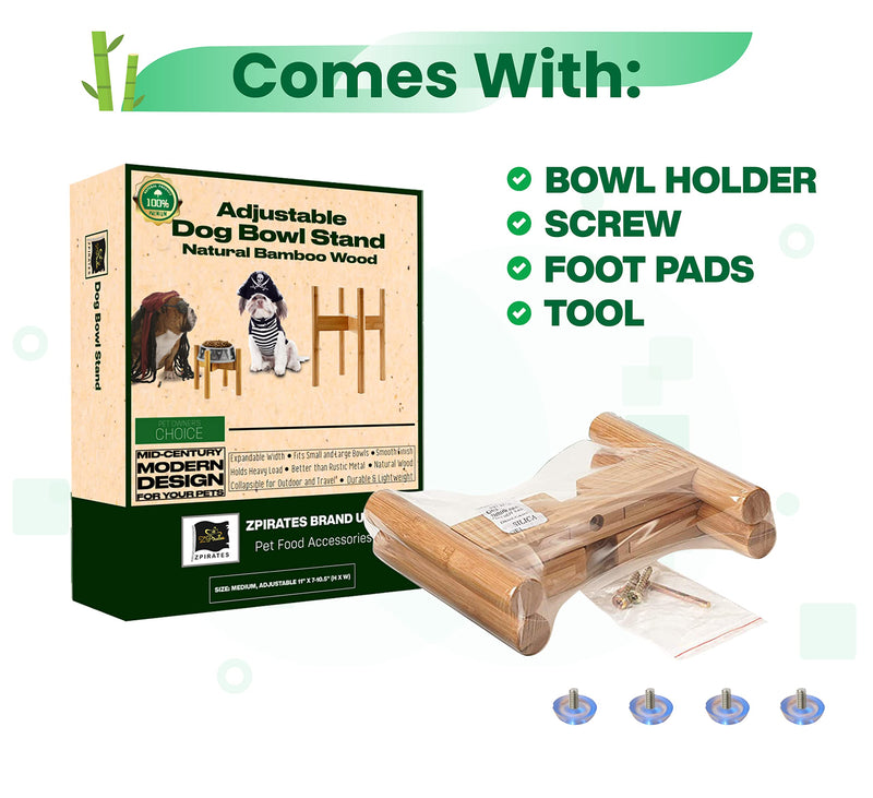 Dog Bowl Stand for Feeders and Bowls 6 to 8 Inch Dia - Adjustable Elevated Raised Food Dish - Small (7.5 Inch High) For Bowls 6"-8", Bamboo Natural Bamboo - PawsPlanet Australia