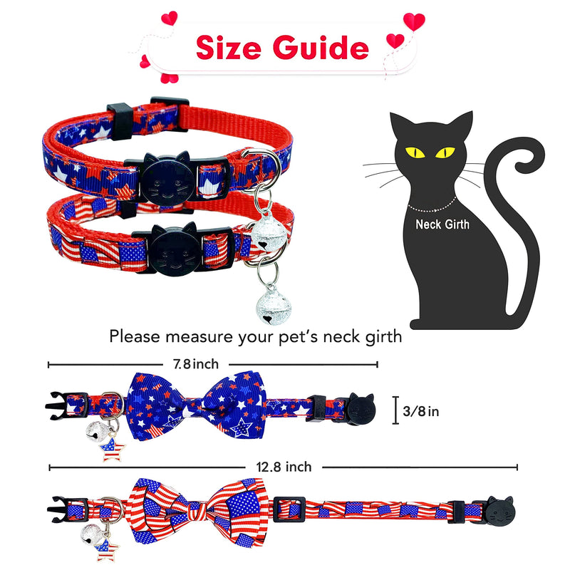 Pohshido 2 Pack 4th of July Cat Collar with Bow Tie and Bell, USA Independence Day Patriotic Kitty Kitten Collar for Male Female Boys and Girls Cats Freedom Stars/Old Glory - PawsPlanet Australia