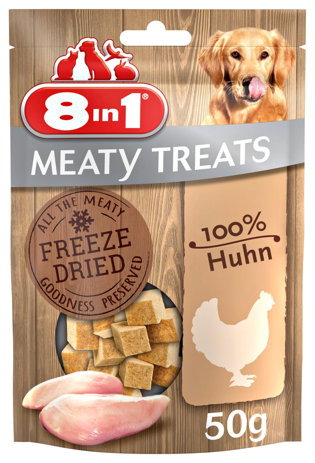 8in1 Meaty Treats, freeze-dried dog treats made from chicken, 100% meat, grain-free and no sugar, 50g (pack of 1) - PawsPlanet Australia