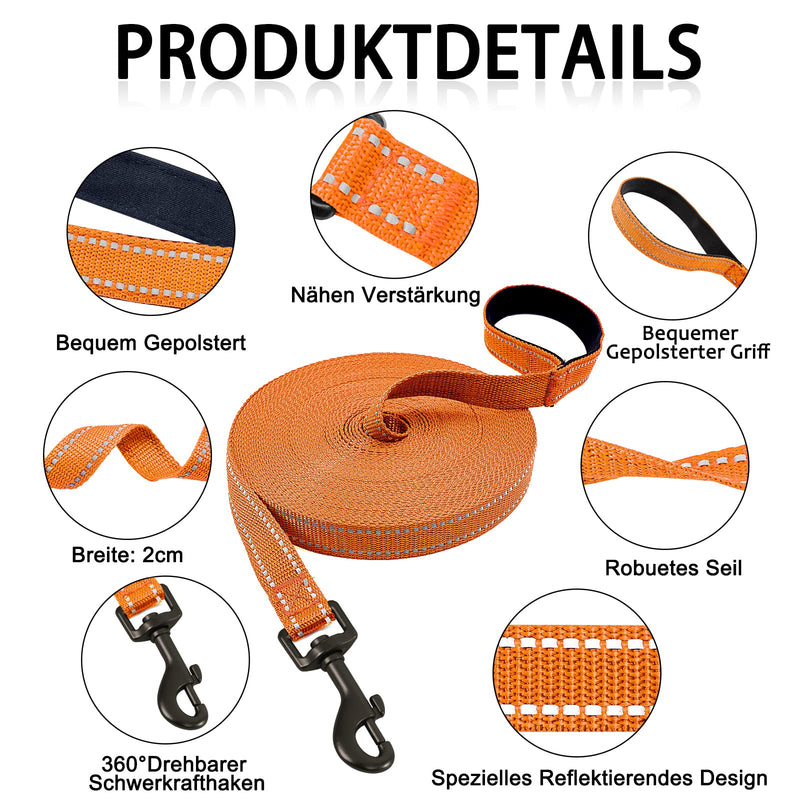 Demigreat drag leash for dogs, 3m / 5m / 10m / 15m / 20m robust long dog leash, reflective training leash with padded handle and hand strap, training leash for small to large dogs 5m/16ft orange - PawsPlanet Australia