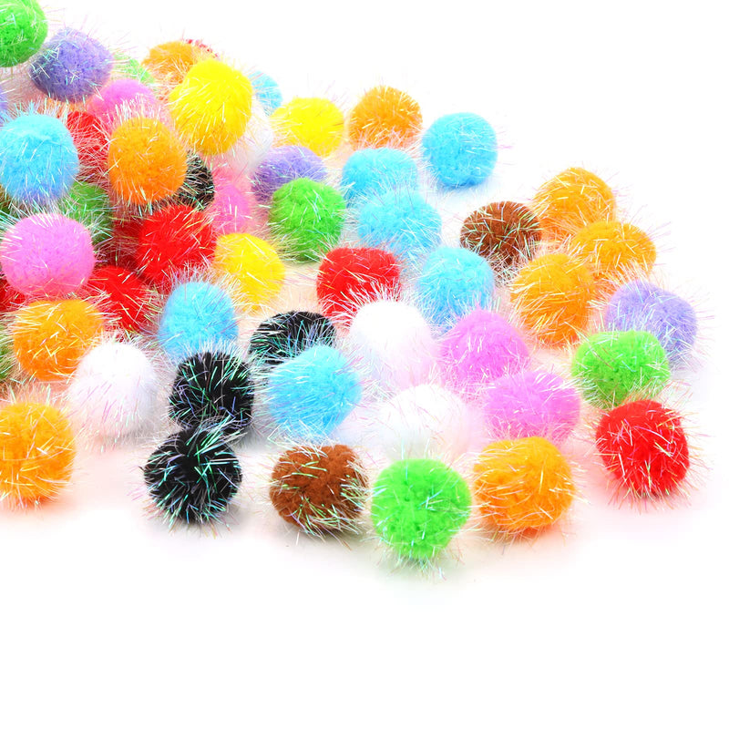 TECH P Glitter Pom Pom Balls Sparkle Balls My Cat's All Time Favorite Toy Ball Tinsel Pom Poms Christmas Party Decorations - Assorted Color -45mm,1.8” with Glitter- 100 Pack with 1 PCS Coaster - PawsPlanet Australia