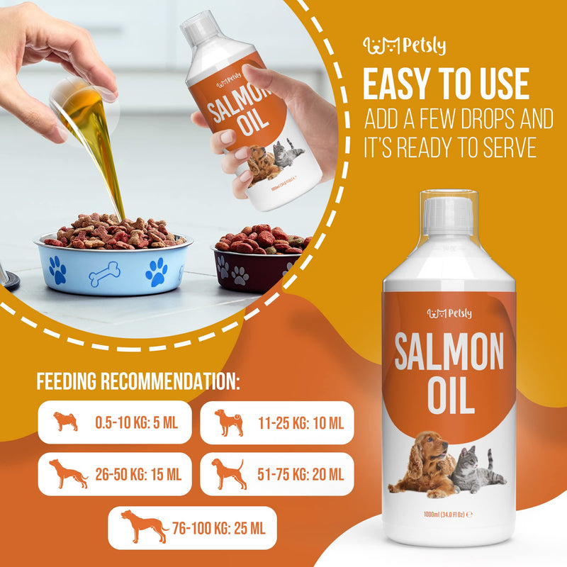 PETSLY Premium Salmon Oil Dog & Cat Care - nutrient-rich salmon oil for dogs and cats Makes your four-legged friend's fur supple and soft with Omega 3, salmon oil for cats, fish oil for dogs (1000ml) 1000ml - PawsPlanet Australia