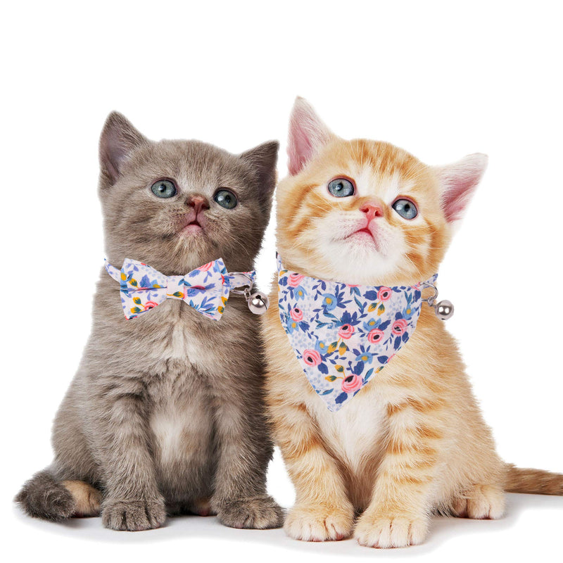 PTDECOR Bow Tie Cat Collar Bandana - 2 Pack Floral Cat Kitten Collar with Bowtie and Bandana Adjustable Cat Bow Tie Collar with Bell for Cat Puppy Blue - PawsPlanet Australia