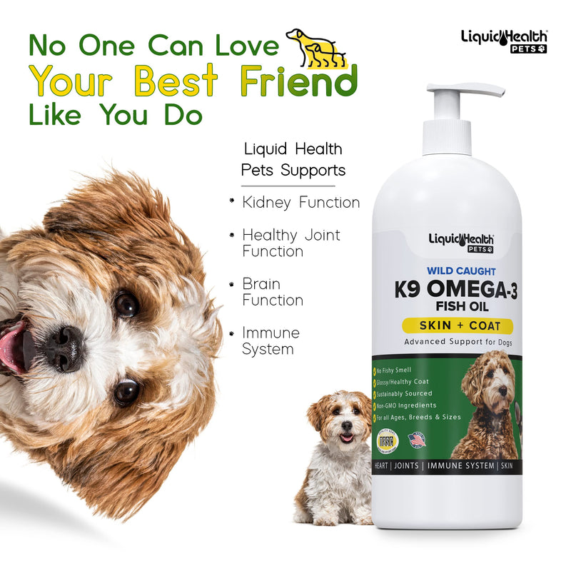 Liquid Health Pets K9 Omega 3 Fish Oil for Dogs - Liquid Omega 3 for Dogs with EPA + DPA + DHA, Dog Shedding Suplement May Reduce Itching and Support Joint, Immunity, Brain & Heart Health (16 Oz) 1 Pack - PawsPlanet Australia