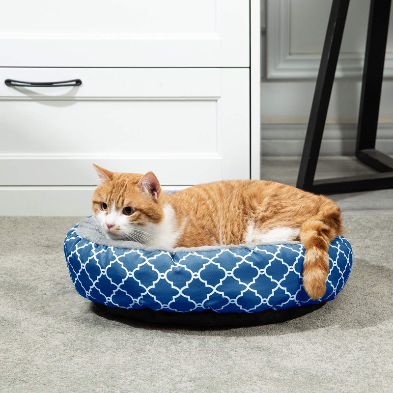 Uozzi Bedding Warming Donut Cushion Cat Bed, Calming Pup Small Pet Dog Bed, Non-Slip Bottom, Machine Washable Flannel 17" Round Bed for Puppy and Kitten with Fluffy Comfy Lining Plush - Blue - PawsPlanet Australia