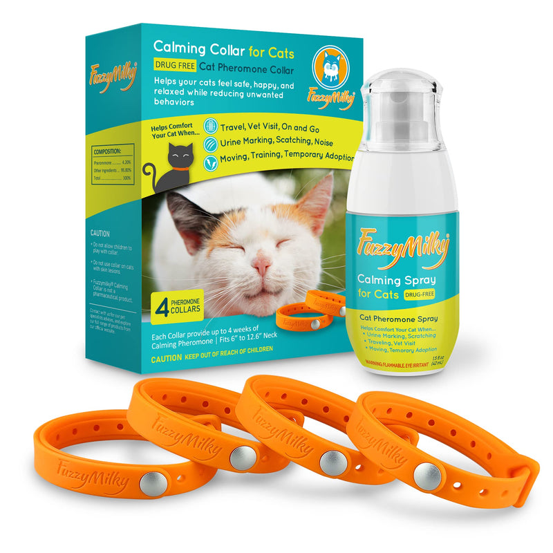 FuzzyMilky Cat Calming Collars - 4 Packs Cat Collar Infused with Synthetic Pheromones (Orange) with Cat Calming Spray for Cat Anxiety Relief, Travel Orange - PawsPlanet Australia