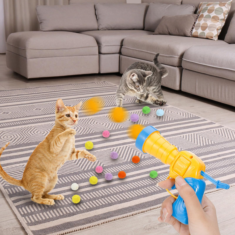 Fanshiontide Pack of 100 Cat Toy Balls with Cat Toy Launcher, Interactive Toy Funny Cat Toys Relieves Depression, Stretch Plush Ball Toy for Indoor Cats Kitty - PawsPlanet Australia