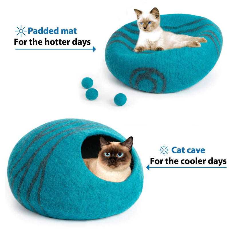 MEOWFIA Premium Felt Cat Bed Cave (Medium) - Handmade 100% Merino Wool Bed for Cats and Kittens (Aqua/Medium) Aquamarine - PawsPlanet Australia