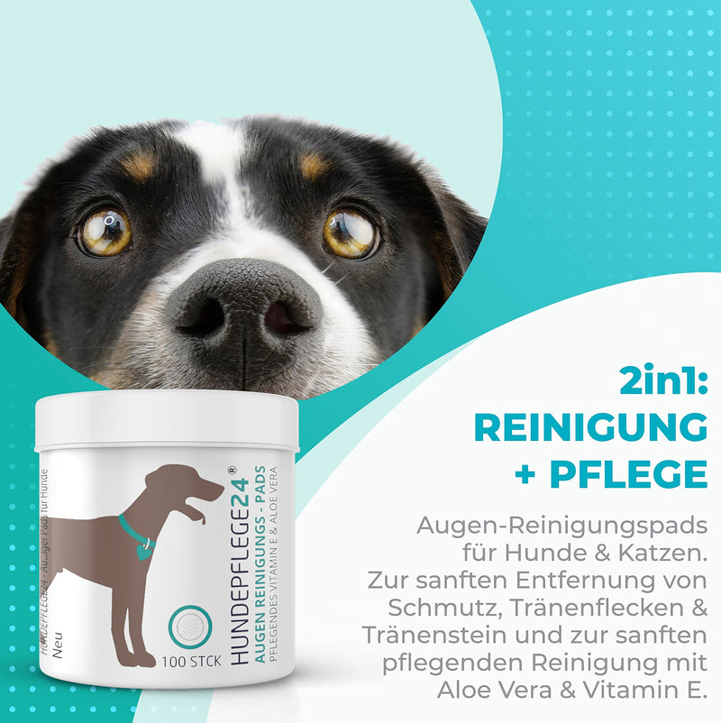 Hundepflege24 Eye Cleaning Pads for Dogs and Cats - Pack of 100 - Dirt & Tear Stain Remover Dog with Nourishing Vitamin E & Aloe Vera - 2-in-1 Eye Care & Eye Cleansing - PawsPlanet Australia