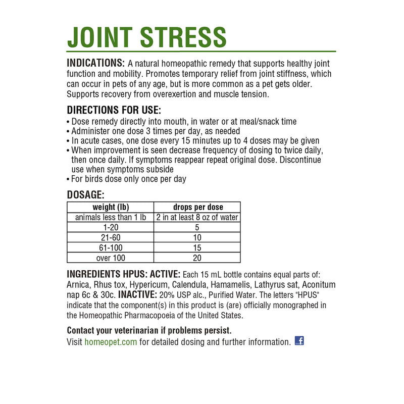 HomeoPet JOINT STRESS - 100% Natural Pet Medicine. Healthy joint function and mobility. Joint stiffness, overexertion and muscle tension. Pets of all ages. 15ml/up to 90 doses per bottle 1 white - PawsPlanet Australia