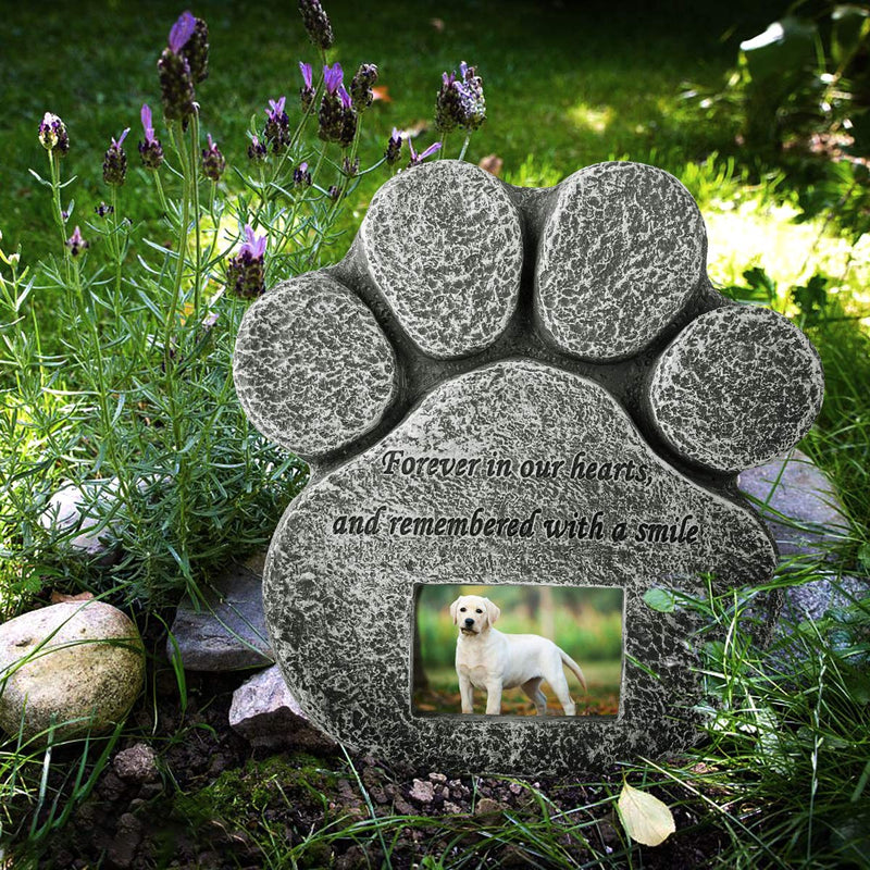 Paw Print Pet Memorial Stone with Customizable Photo Slot - Indoor Outdoor Dog or Cat for Garden Backyard Marker Grave Tombstone - PawsPlanet Australia