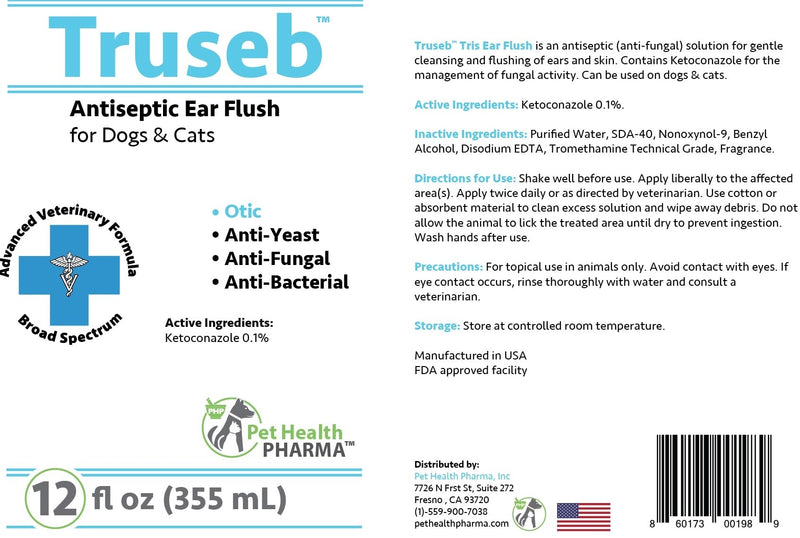 Pet Health Pharma Truseb| #1 Ear Cleaner Flush Dog and Cat Ear Infection Treatment – Ear Cleaner Flush Solves, Head Shaking, Discharge & Smelly Ears Due to KETOCONAZOL 0.1% 12 Oz - PawsPlanet Australia