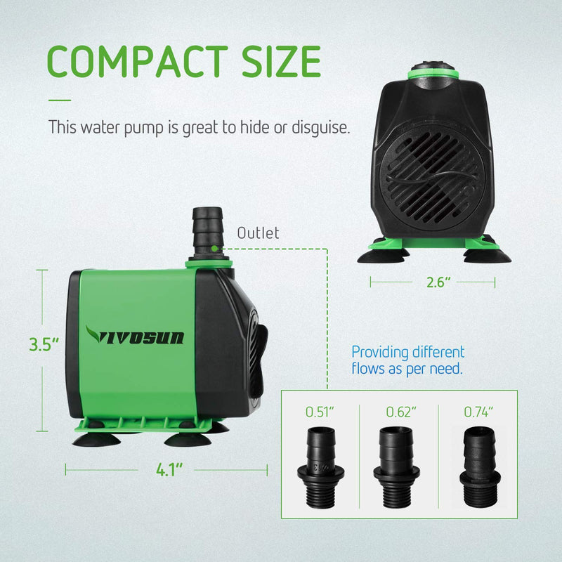 VIVOSUN 800GPH Submersible Pump(3000L/H, 24W), Ultra Quiet Water Pump with 10ft High Lift, Fountain Pump with 5ft Power Cord, 3 Nozzles for Fish Tank, Pond, Aquarium, Statuary, Hydroponics - PawsPlanet Australia