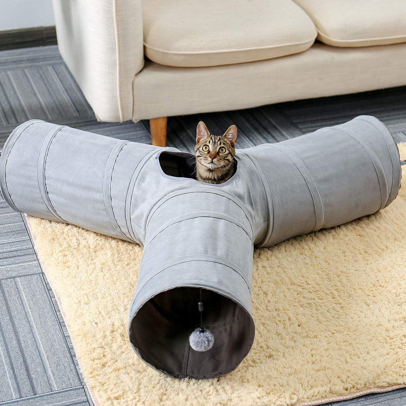 [Australia] - PAWZ Road Cat Tunnel 3 Way Collapsible Crinkle Cat Play Tube with Detachable Dangling Ball 10.5 Inches in Diameter for Cat, Kitties, Rabbit and Small Puppy Gray 