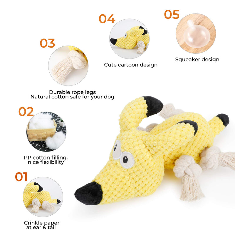 PETTOM Dog Plush Toys Interactive Tough Dog Toys for Small and Large Dogs Birthday Present, Durable Squeaky Dog Toys with Crinkle Paper Yellow Elf Dog Yellow dog - PawsPlanet Australia