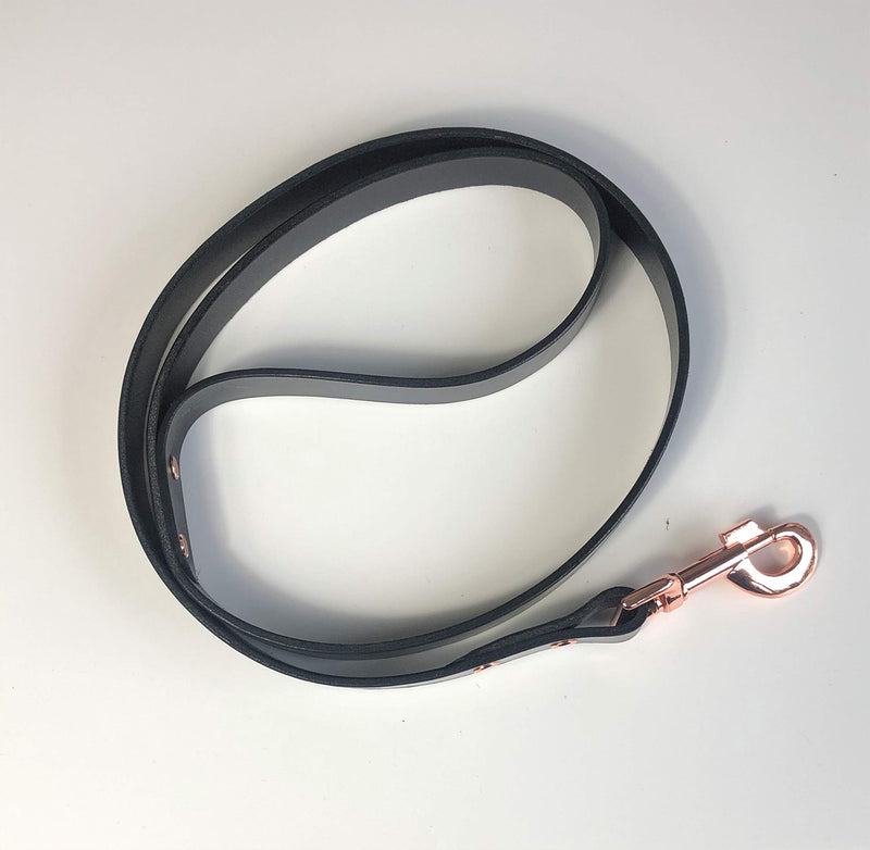 ITALIAN BRIDLE LEATHER DOG LEAD IN BLACK WITH ROSE GOLD TRIGGER 1" (25MM) WIDE - PawsPlanet Australia