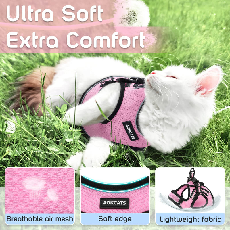 AOKCATS Cat Harness and Leash Set, Escape Proof Soft Adjustable Kitten Vest Harnesses for Walking with Reflective Strips Breathable Mesh Kitty Jacket for Small Cats, Comfort Fit Easy Control Small (Pack of 1) Pink - PawsPlanet Australia