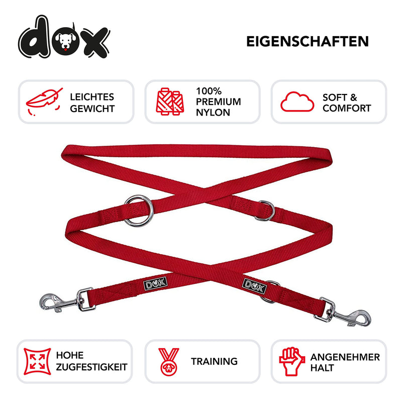 DDOXX dog leash nylon, 3-way adjustable, 2m | for small & large dogs | Double Leash Two Dog Cat Puppy | Towing leash large | Lead leash small | Running leash puppy leash | S, Red S - 1.5 x 200 cm - PawsPlanet Australia